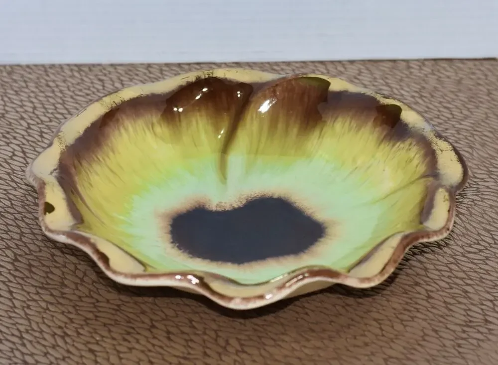 Bay Keramik West German MCM Pansy Flower Yellow Green & Gold Glaze Ceramic Bowl
